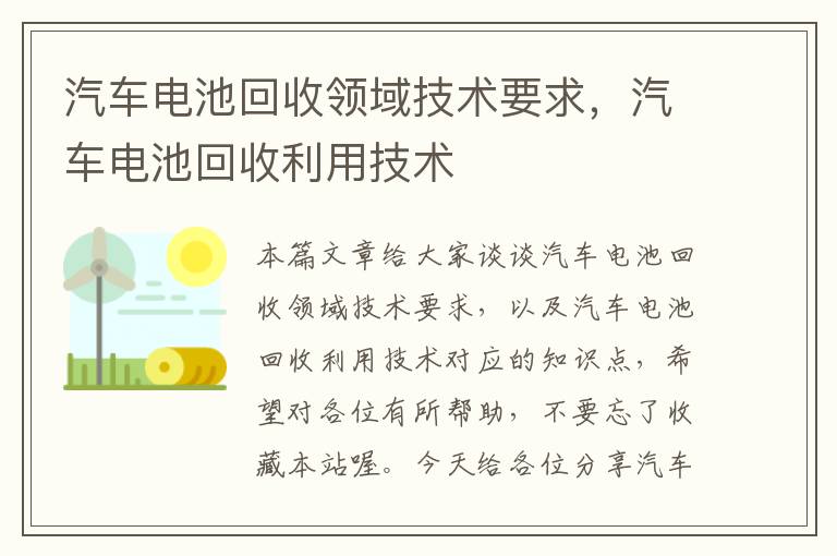 汽车电池回收领域技术要求，汽车电池回收利用技术