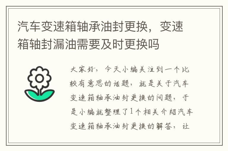 汽车变速箱轴承油封更换，变速箱轴封漏油需要及时更换吗