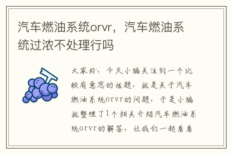 汽车燃油系统orvr，汽车燃油系统过浓不处理行吗